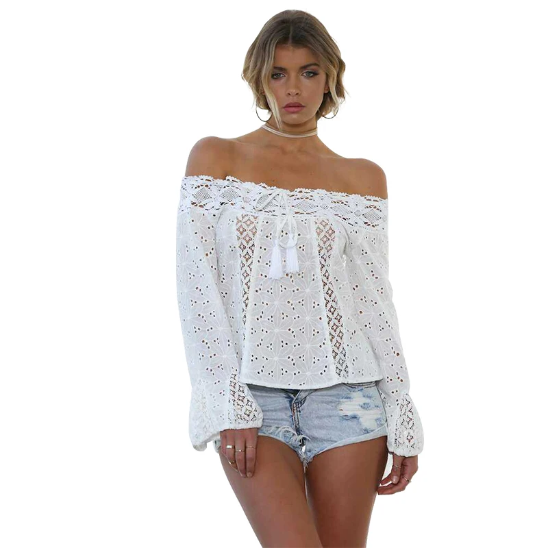 

Summer Sexy Lace Patchwork Slash Neck Shirt Women Clothes Casual Flare Sleeves Strapless Shirts Plus Size Slim Tops And Blouses