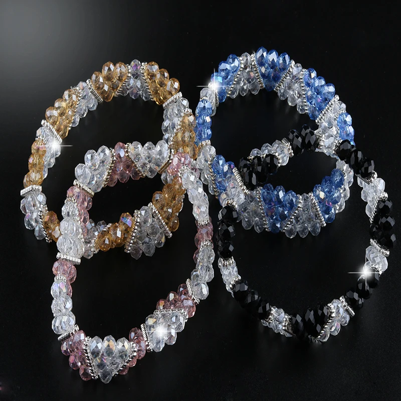 Женский браслет с бусинами и многослойными кристаллами простой изящный черный в