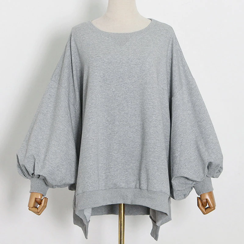 

SeeBeautiful Large Size Sweatshirt Pullovers O Neck Lantern Sleeve Irregular Simple Woman Spring 2022 New Tide Fashion T735
