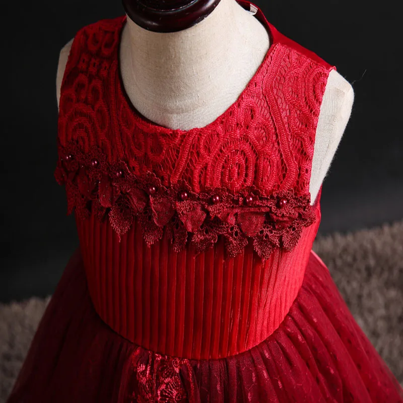 

Flower Girls Dresses Appliques Pearls Embroidery Tulle Lace Luxury Sleeveless O-Neck Knee-Length Kids Party Princess Gown F279