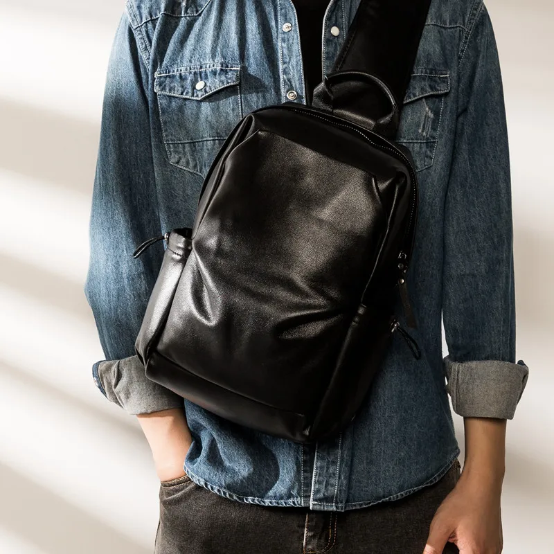 Fashion designer natural genuine leather men's black large-capacity chest bag daily outdoor travel soft cowhide diagonal bag