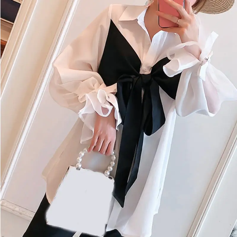 RealShe женская блузка с отложным воротником длинным рукавом одноцветная бантом