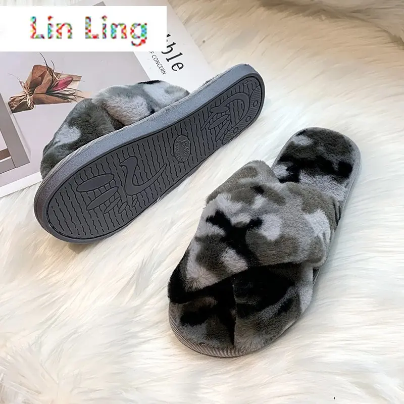 

New Autumn Winter Shoes Woman Slippers Camouflage Warm Faux Fur Women Slippers Slip on Fur Slippers Female Slides Plus Size