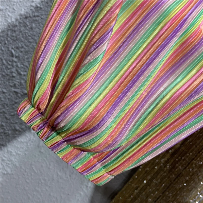 

2021 New Fashion Rainbow Colorful Striped Casual Pants Mujer Oversize Ankle Banded Chiffon Trousers Thin Summer Bloomers Women