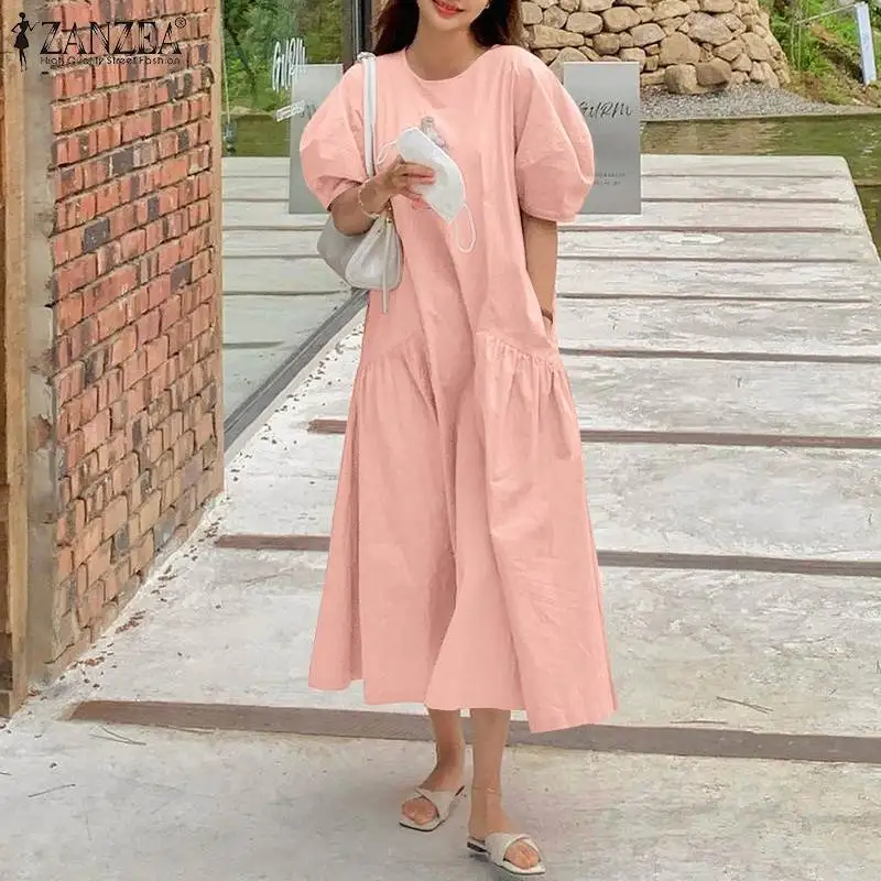 

ZANZEA Women's Short Sleeve Autumn Long Vestidos Femme Chic Robe Solid Hollow Sundress Kaftan Oversize Leisure Baggy Midi Dress