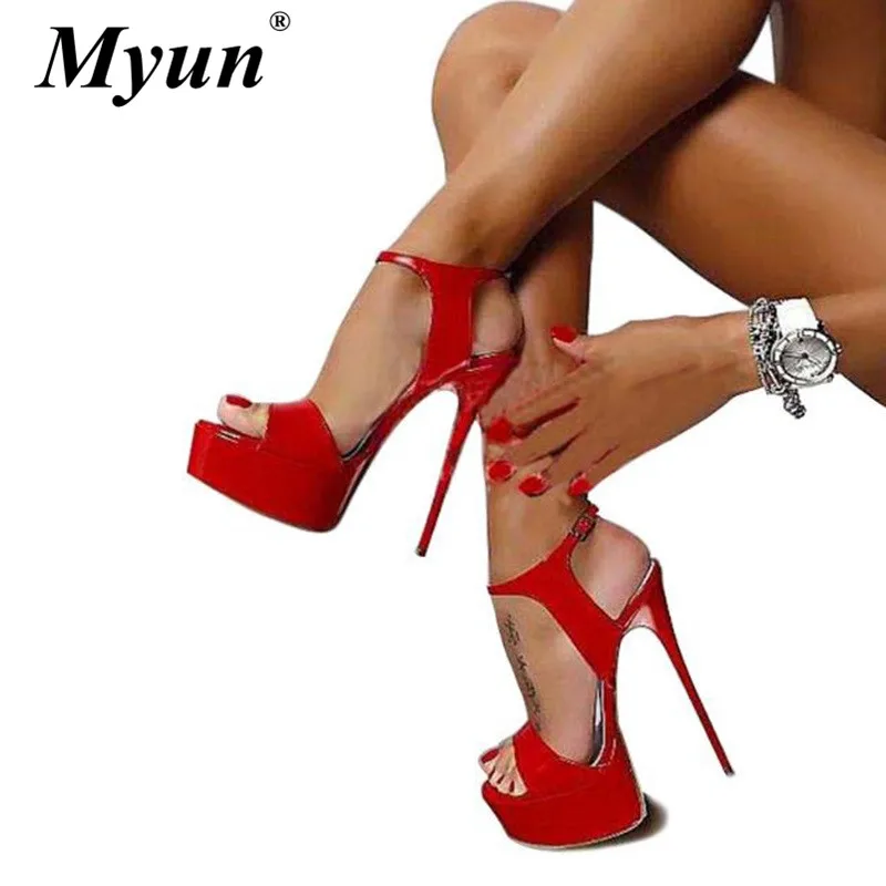 Сандалии женские из лакированной кожи высокий каблук 16 см платформа пикантная