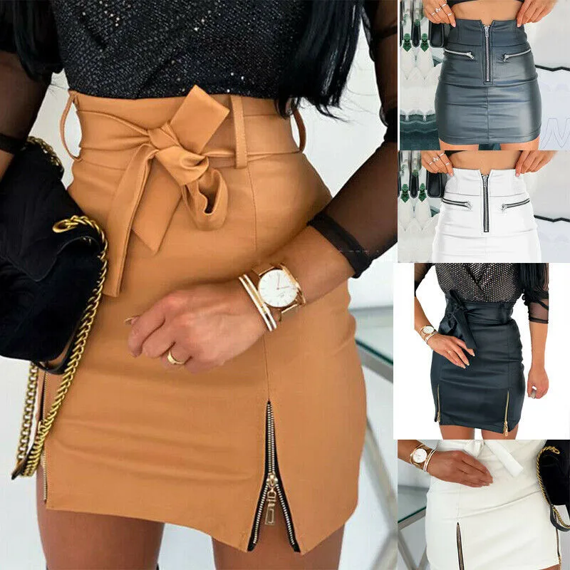 

Women Sexy PU Leather Skirts Bodycon Sexy Pencil Mini Skirt 2020 Ladies Solid Color Zipper Evening Party Clubwear Office Skirts