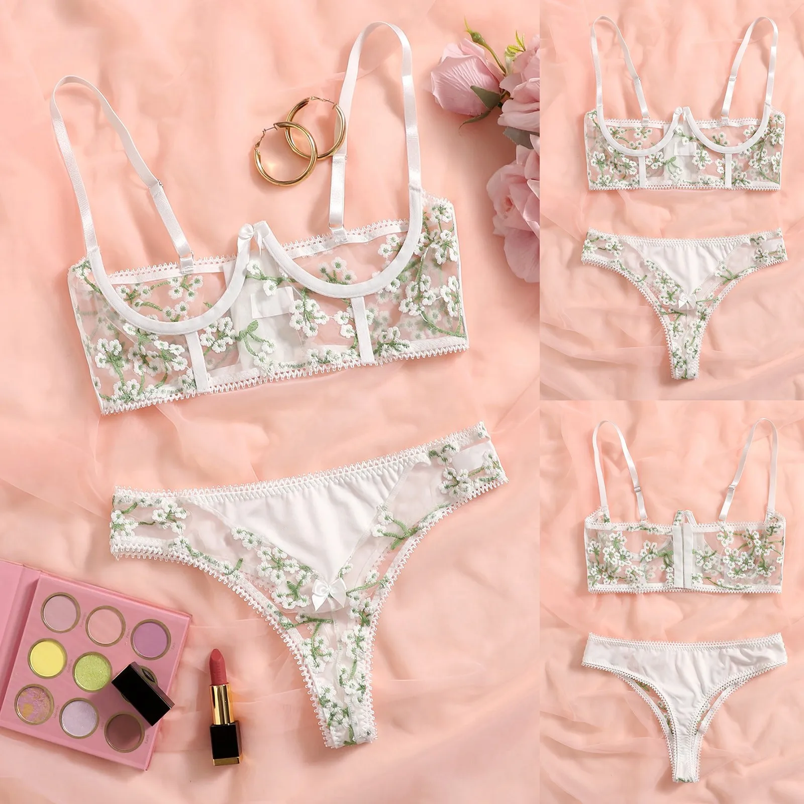 

Flower Embroidery Erotic Lingerie Porno Perspective Sexy Underwear Set Women Sexy Lingerie Steel Ring Bra Sets Mujer Brief Set