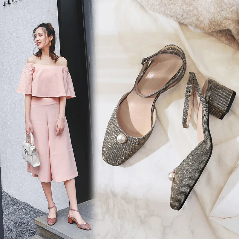 

Woman Square Gradual Change Color 2021 Coarse With Sandals Women's Shoes
