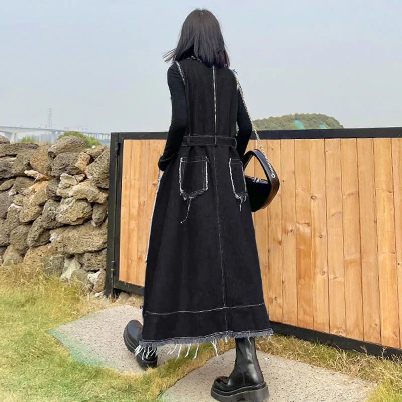 

SeeBeautiful Stitching Large Size A-line Denim Dress O Neck Sleeveless Belts Zipper Pockets New Fashion 2021 Spring Women M833