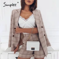 simplee two piece blazer women suits double breasted plaid casual female blazer shorts set elegant office ladies blazers sets