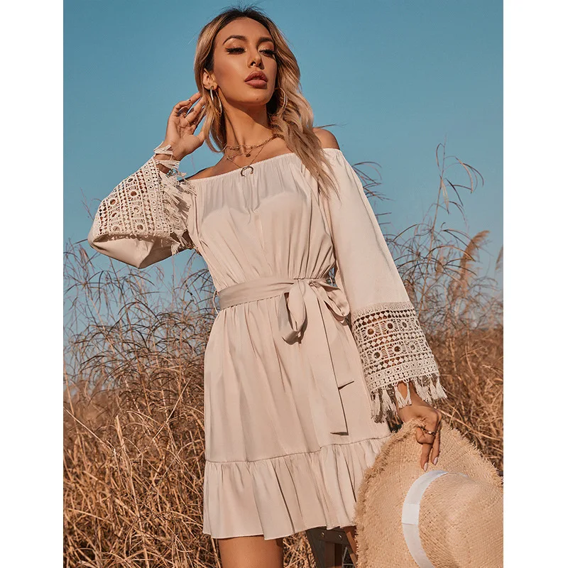 

Fashion Casual Hollow Out Women Dress 2021 Spring Slash Neck Tassel Patchwork Slim Dress