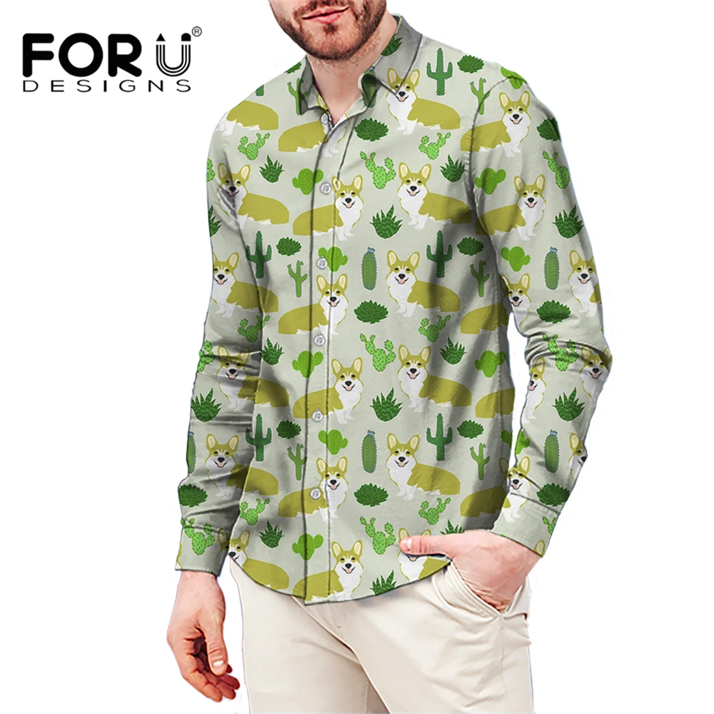 

FORUDESIGNS Cute Green Cactus and Alaska Shirts Long Sleeves For Men Comfortable Casual Blouse Shirt Standard-fit Dress Shirt