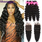 Свободная глубокая волнистая пряди с закрытием малазийские человеческие волосы пряди с кружевной застежкой натуральные волосы 5X5 HD кружева с пряди