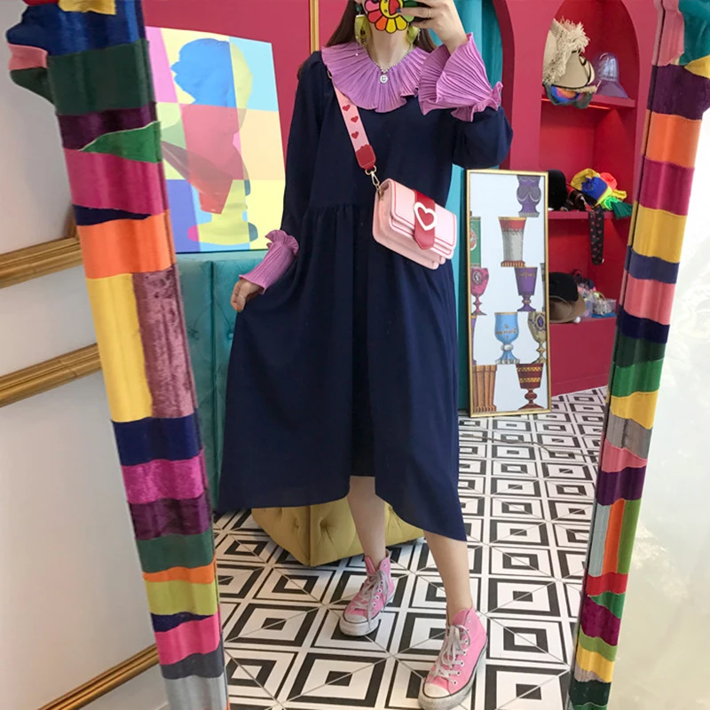SHENGPALAE 2020 Новое весеннее лоскутное цветное платье с воротником Питер Пэн Vestidos