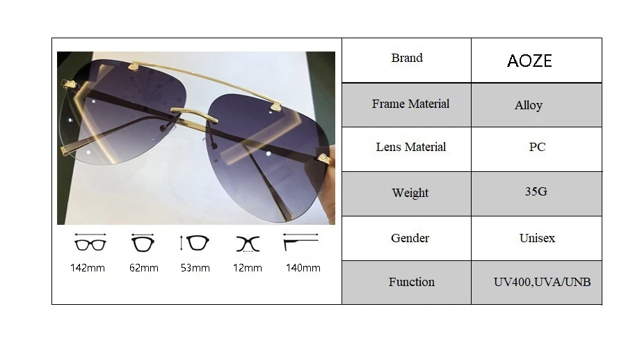 

2020 Luxury Vintage rimless alloy pilot sunglasses for men brand gradient sunglasses female metal shades UV Women ins Popular