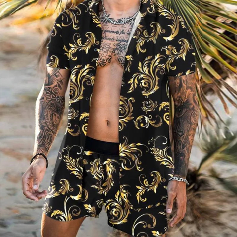 

9 Style Men Hawaiian Print Short Sleeve Shirt Set Men's Beach Print Shorts Men's Daily Beach Shirt Set Mens 2 Pieces