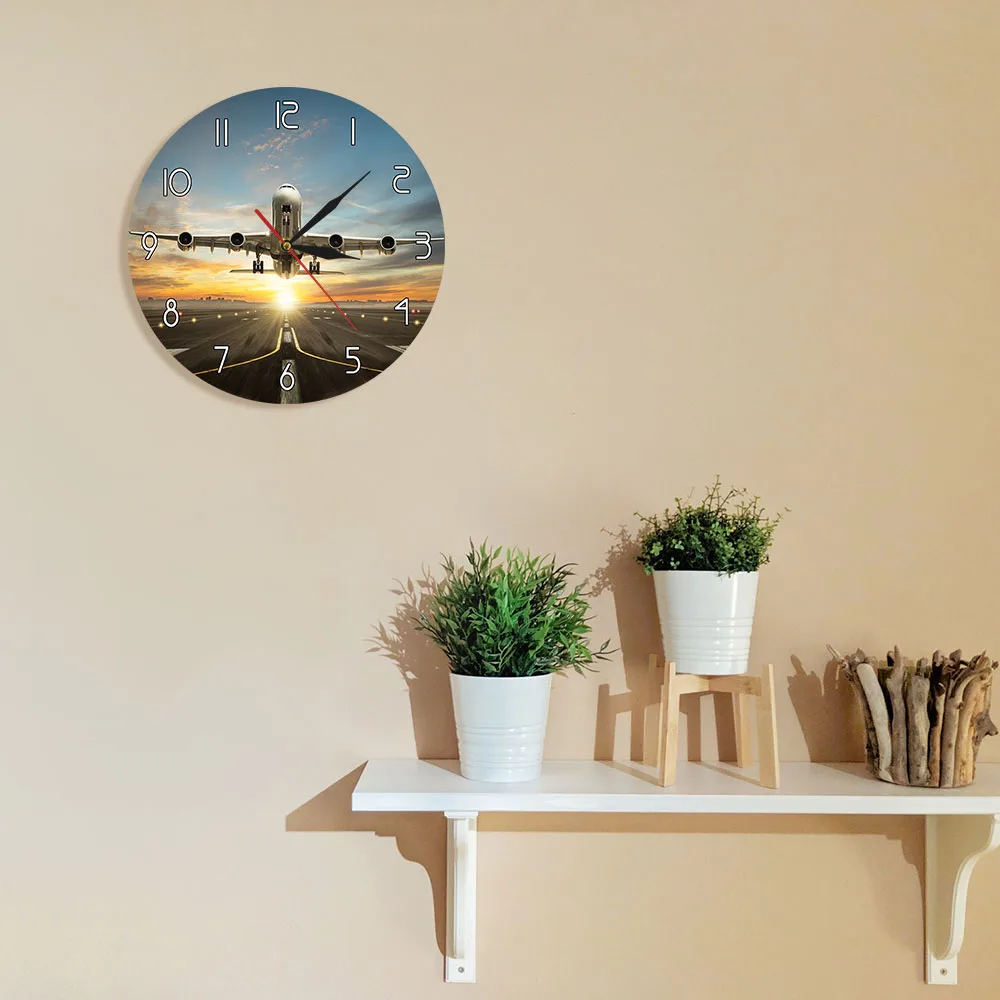 

Commercial Jetliner Plane Acrylic Printed Wall Clock Airplane Taking of Runway With Sunset Light View Modern Home Decoration