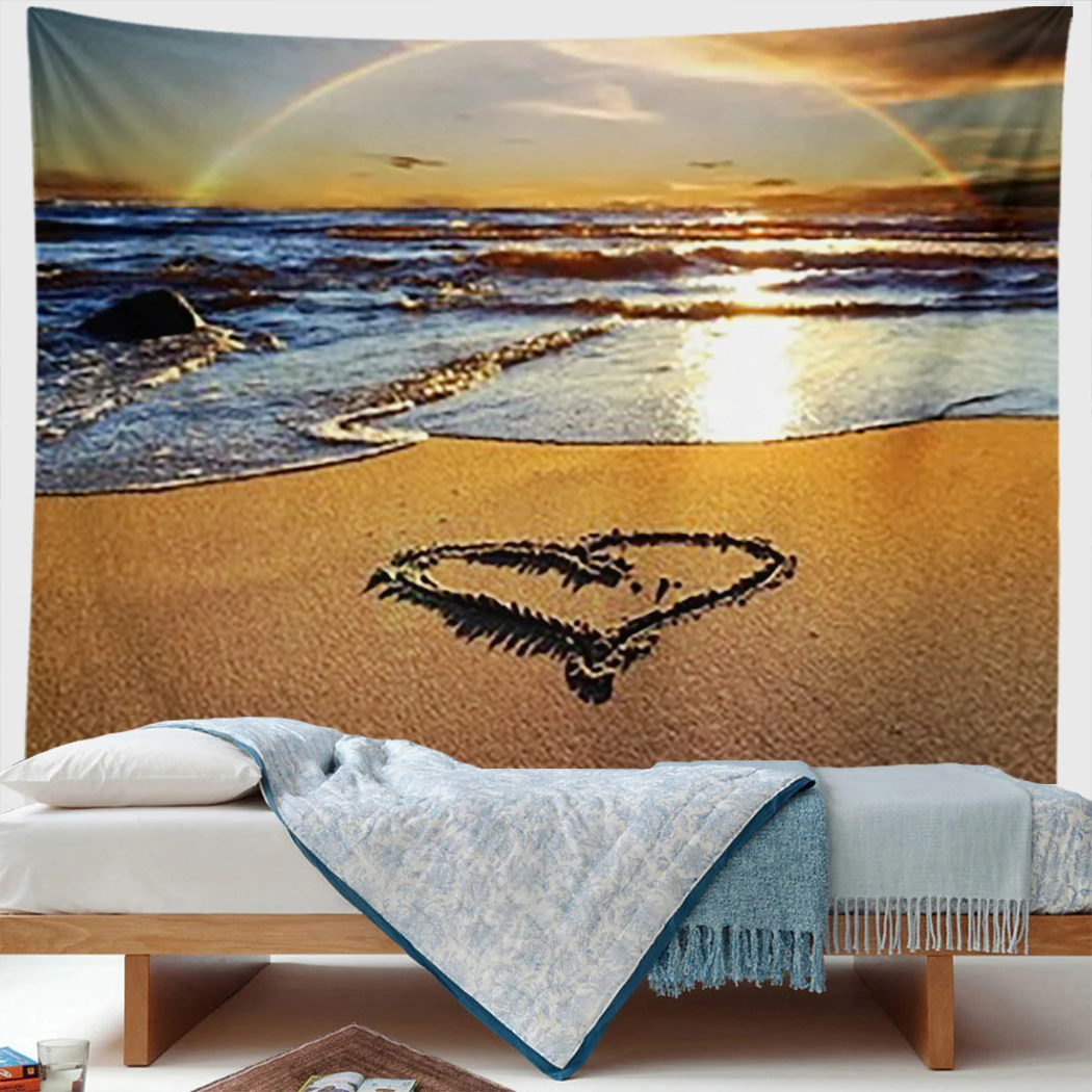 

Natural Landscape Tapestry Love Heart Beach Rainbow Sunrise Topical Modern Art Wall Hanging Boho Home Decor Picnic Mat Carpet