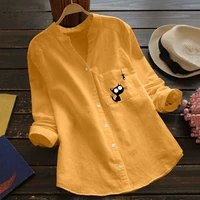 cute cat linen shirt women fall long sleeve tops female blouse collared loose casual womens blouses