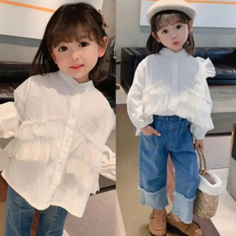 2021 Baby Girls Fall White Ruffles T-shirt , Princess Kids Sweet  Long Sleeve Top  5 pieces/lot, Wholesale