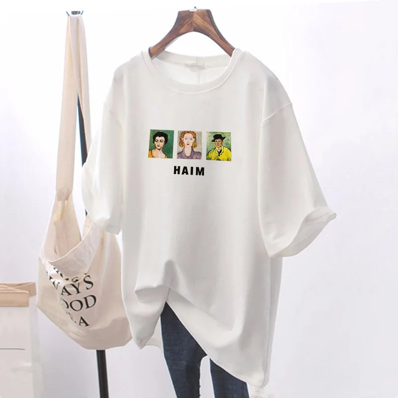 

Summer Basic Black T-shirts Cartoon Printing Tops Tees Solid Color White T-shirts Women Tops L0743