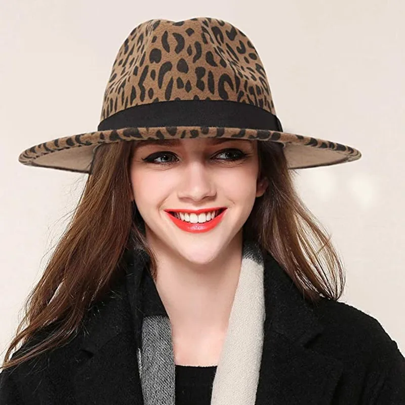 

Leopard Black Belt Women Fedora Hat Print Panama Trilby Cap Polyester Wide Brim Men Jazz Hats wholesale