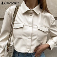 suchcute streetwear fashion cropped pu leather jackets 90s outfits buttons up pockets solid basic autumn jacket womens outwear