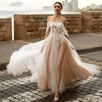 high split boho wedding dresses appliques lace off the shoulder bridal gowns buttons tulle princess bride dress vestido de noiva