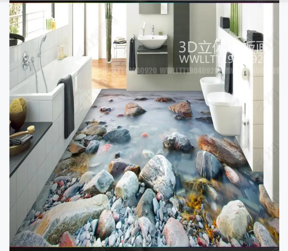 

Custom 3D Floor Mural Wallpaper Bathroom Bedroom Wear Non-slip Waterproof Thickened Self-adhesive Seaside stone cloud 3D floor