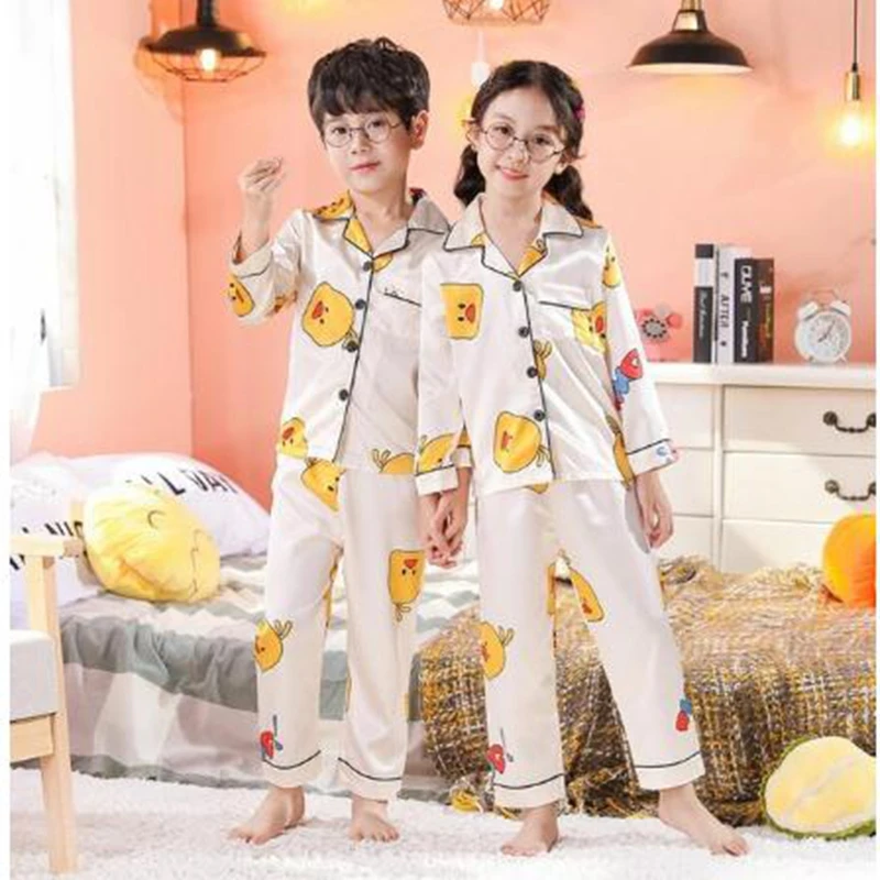 

New Kids Pajamas Set Baby Summer Autumn Long Sleeve+Long Pant Silk Sleepwear Set Girl Boy Pyjamas Gift Nightwear Family suit