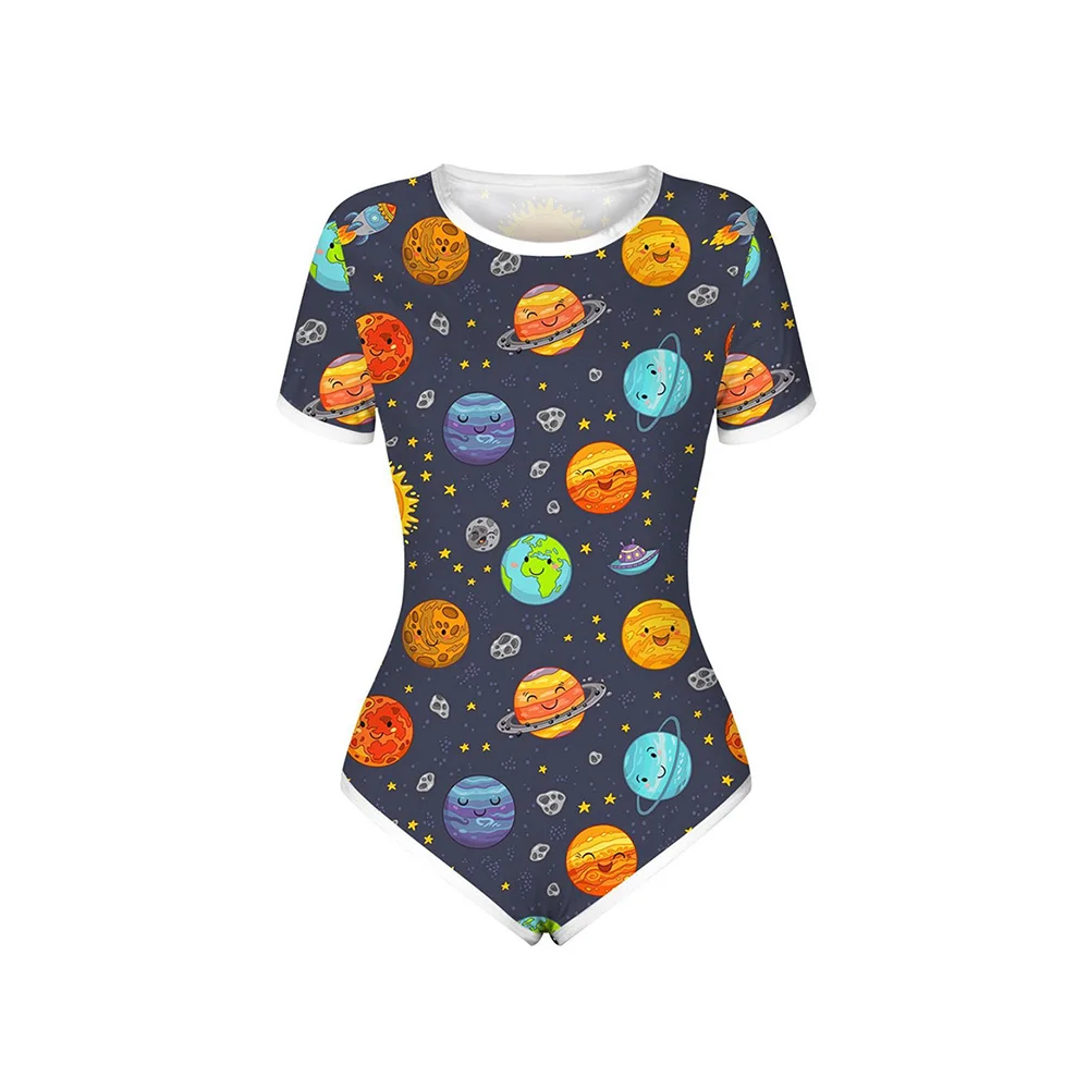 

Classic short Sleeve Adult Baby Diaper Lover Button Crotch Cute universe planet print Romper Onesie for ddlg