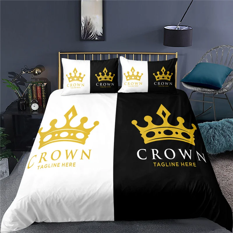 Luxury Crown Printed Bedding Set 2/3pcs Black White Fashion Duvet Cover Pillowcase 3D Bed Sets Home Textile Queen and King Size