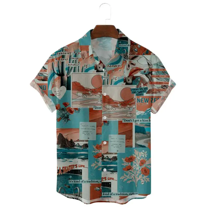 

Men's Casual Loose Short Sleeve Shirt Tops Retro Natural Scenery Print Summer 2021 Holiday Traveling Shirts Fashion Tops