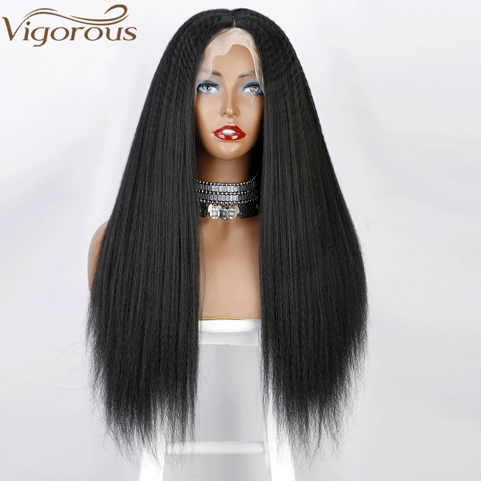 

MONIXI Synthetic Long Black Lace Wig Kinky Straight Lace Wigs for Women T-Part Lace Wigs Daily Use