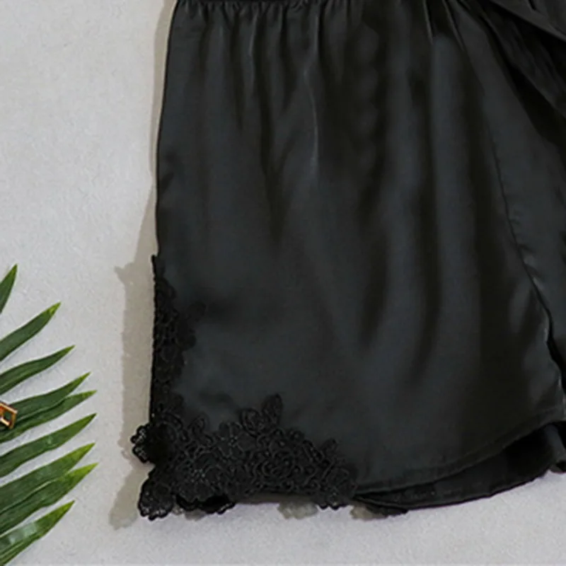 

Women Silk-Like Pyjamas Casual Lace Suspenders Sexy Nightdress Sleepwear Pants Short Sleeve Two-piece Suit Plus size