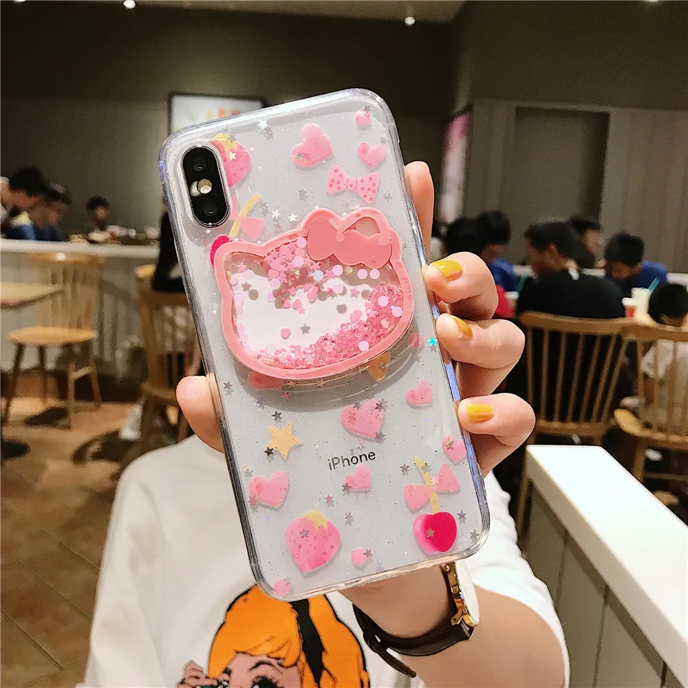 Милый розовый блестящий чехол Hello kitty из ТПУ с блестками для iPhone 11 6s 7 8 Plus X XR XS MAX love heart сыпучий песок украшение лазерный чехол