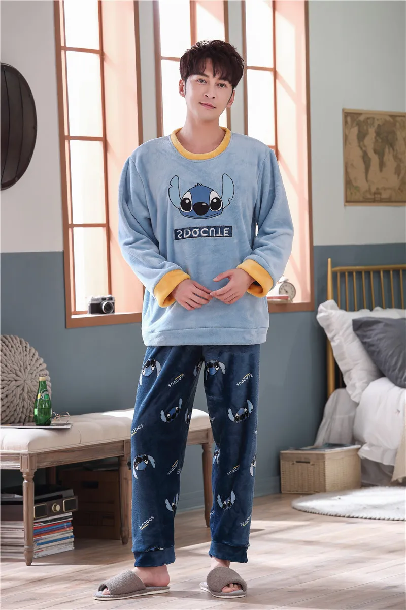 men Stitch Caiyier/зимние пижамные комплекты для женщин и мужчин, толстые теплые фланелевые пижамы с длинными рукавами, костюм милая Повседневная Ночная сорочка с рисунком для пар - Цвет: men Stitch