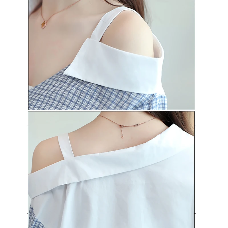 

Blusas Mujer De Moda 2020 White Spliced Plaid Chiffon shirt Sexy Long-sleeved blouses shirt Skew Collar Casual Women tops 986F