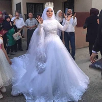 2020 muslim wedding dresses modest high neck full sleeves custom made puffy tulle ball bridal gown lace wedding dress arabic