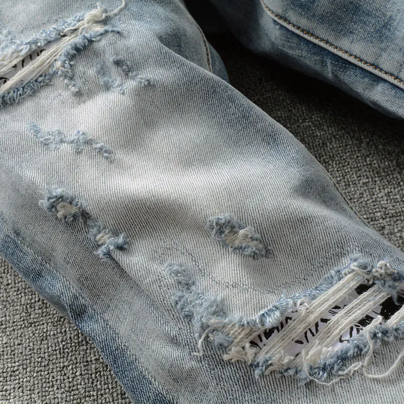 American Street Style Fashion Men Jeans Elastic Retro Blue Slim Fit Ripped Jeans Men Patches Designer Hip Hop Denim Punk Pants