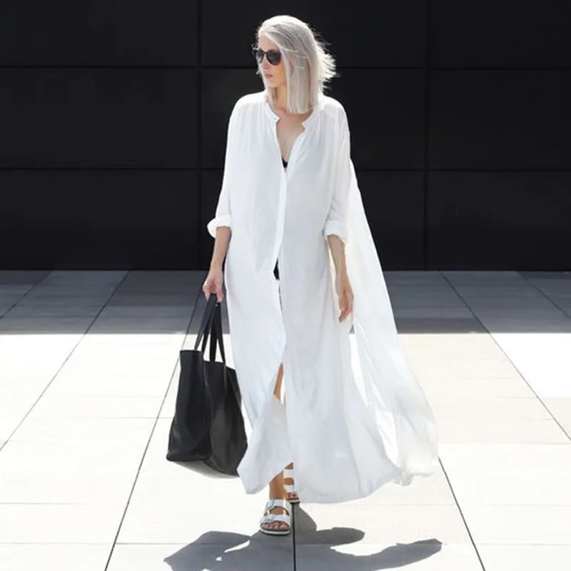 European And American Outer Long Cardigan Humanoid Cotton Beach Swimsuit Button Oversize Shirts Polyester Coverall Dresses Women