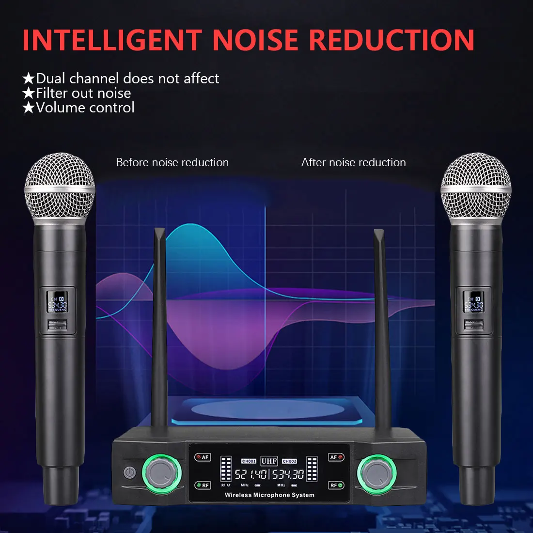 

Handheld Microphone Dual Wireless Microphone Professional UHF Cordless Dynamic Mic System