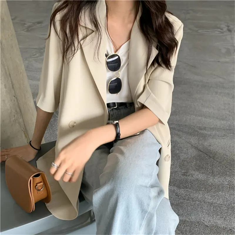 

Women Solid Versatile Coats OL Tops Streetwear All Match Summer New Lapel Loose BF Office Lady Thin Fresh Blazers