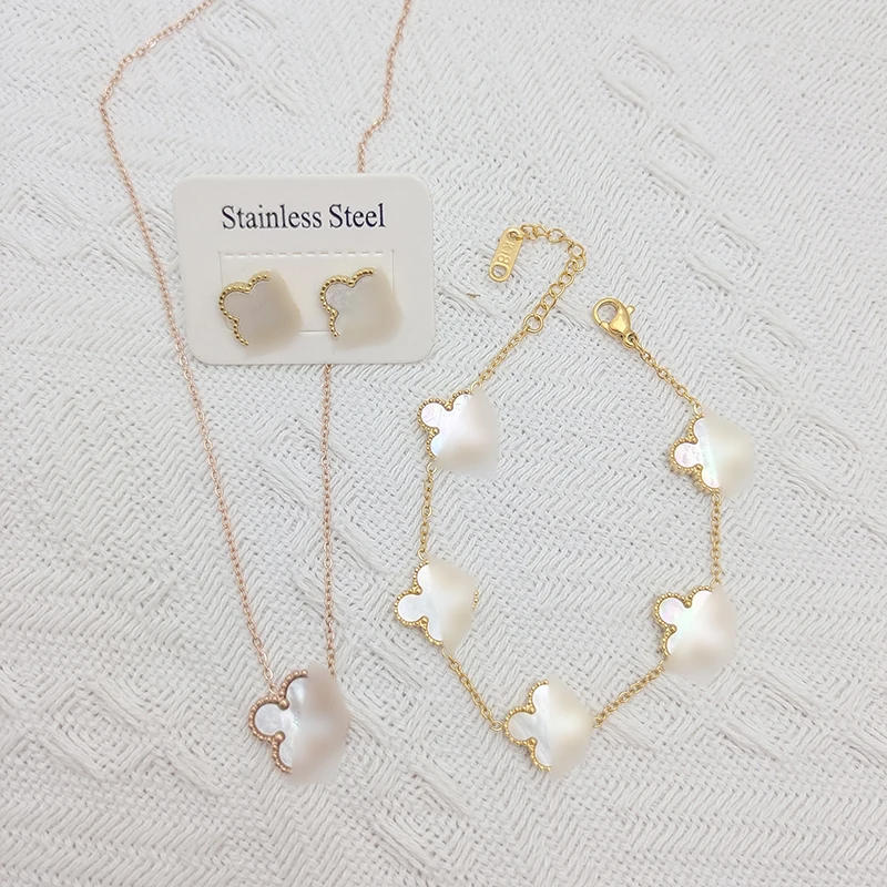 

Stainless steel bracelet set women's classic popular four-leaf flower earrings necklace set with girls gift set boutique jewelry