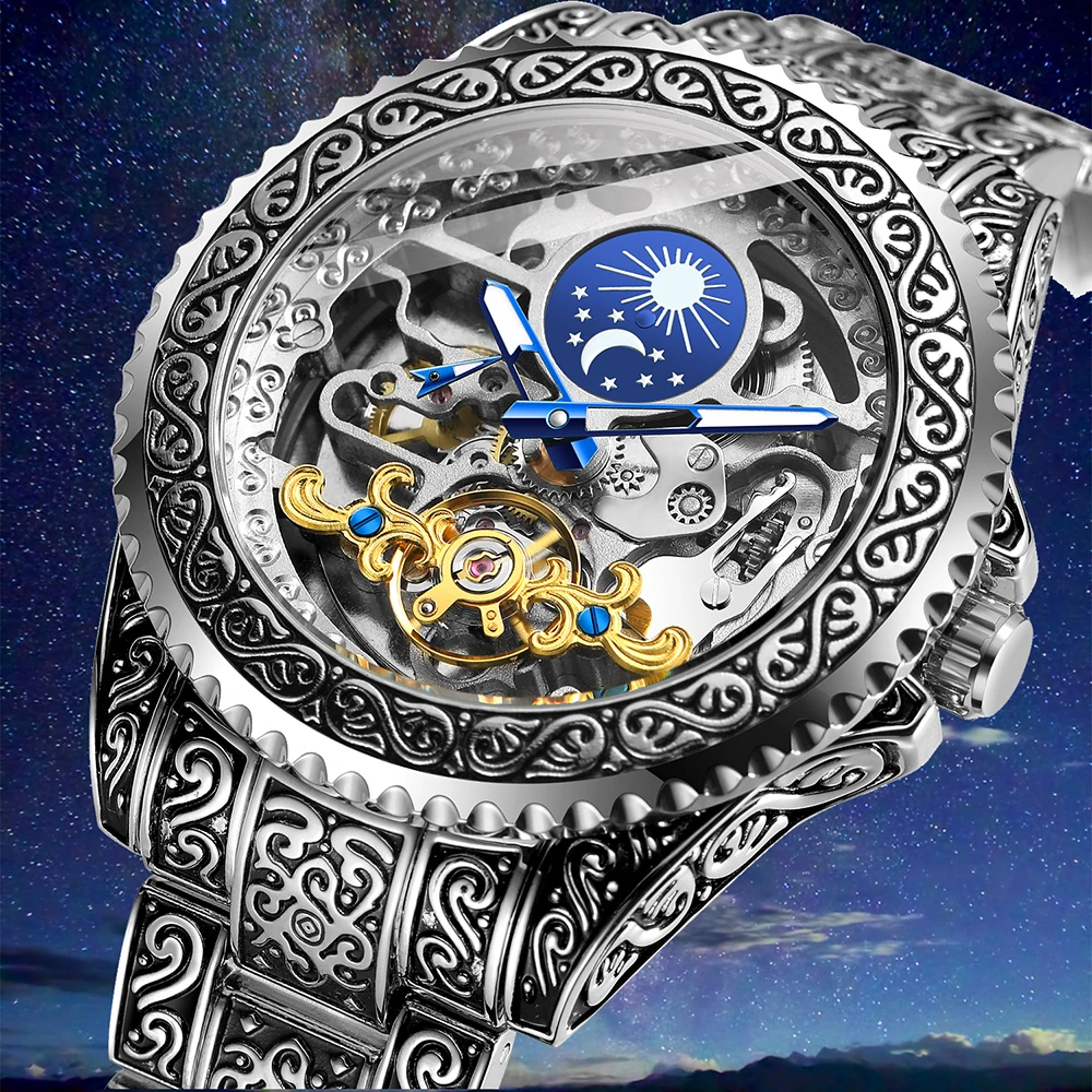 

FORSINING Automatic Wristwatch Royal Carving Skeleton Antique Watch Mechanical Male Clock Golden Tourbillon Moon Phase Function