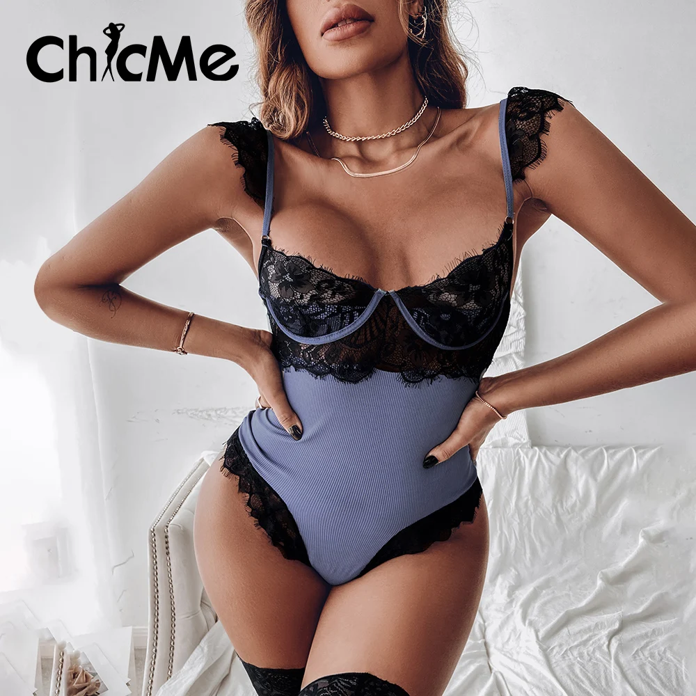 

Chicme Women Color Block Contrast Lace Ribbed Lingerie Teddy Spaghetti Strap Ribbed Bodysuit for Sexy Ladies