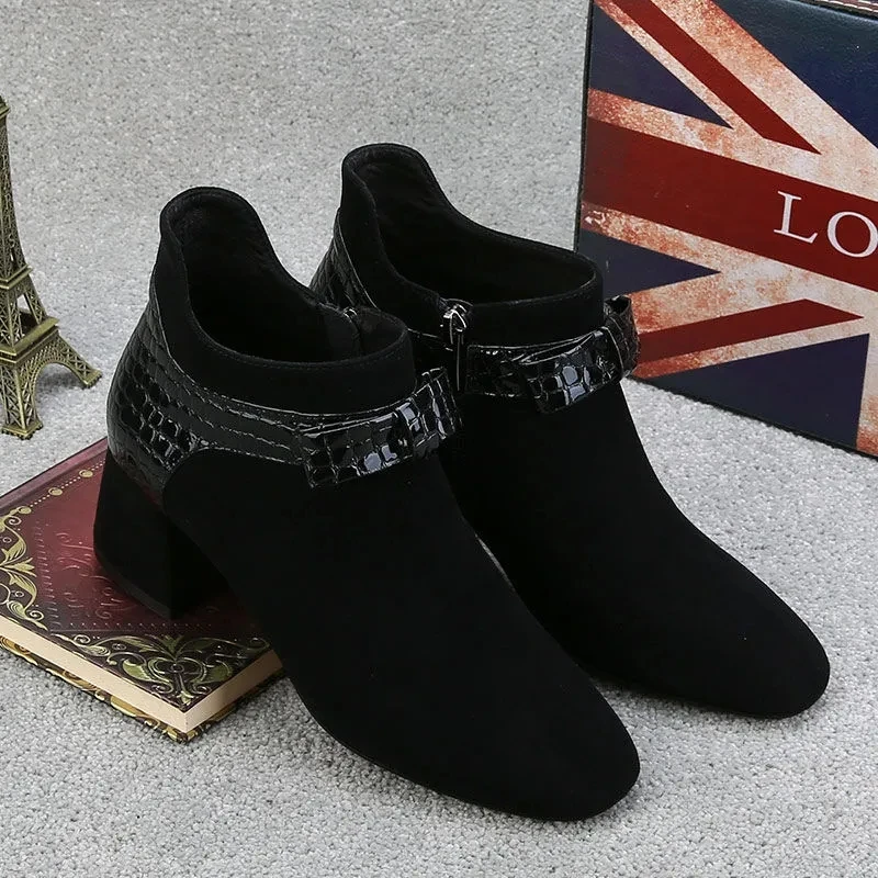 

2021Autumn Brand Womens Boots Fashion Black Retro Ladies Shoes Square head British Female High Heel Booties Winter Plush