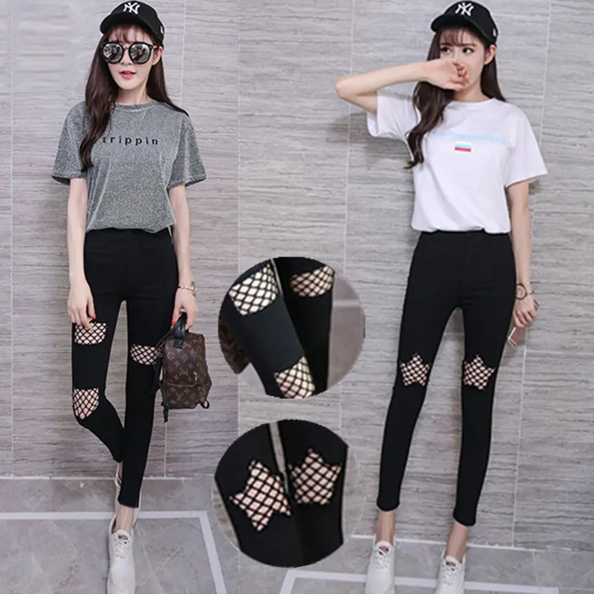 

2021 Thin Ripped Pencil Pants Women's Fishnet Beggar Black Leggings Outer Wear Students Elastic Slimming Cropped Skinny Trousers