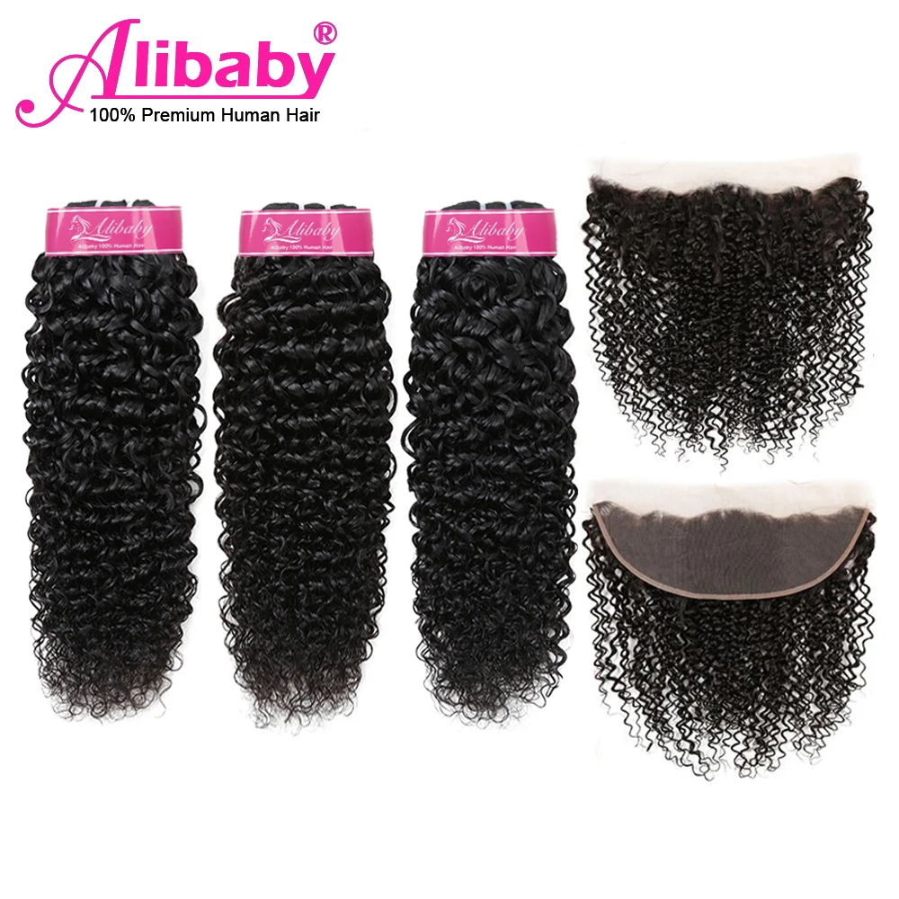 Alibaby Jerry Curl человеческие волосы, 3 пряди, с фронтальной частью, не Реми, человеческие волосы, натуральный цвет, кудрявые, фронтальная пряди, индийские волосы